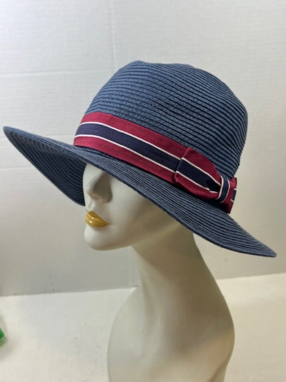Navy Blue Textured Straw Fedora with Red, White & Blue Ribbon Band Wide Brim LG